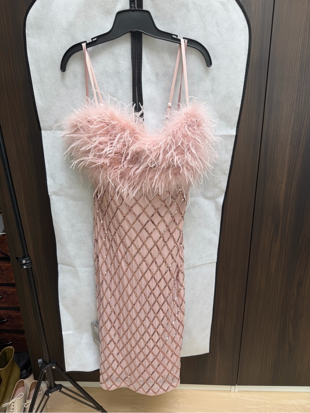 le chateau Blush Pink Feather-Trim Sequin Mini Dress